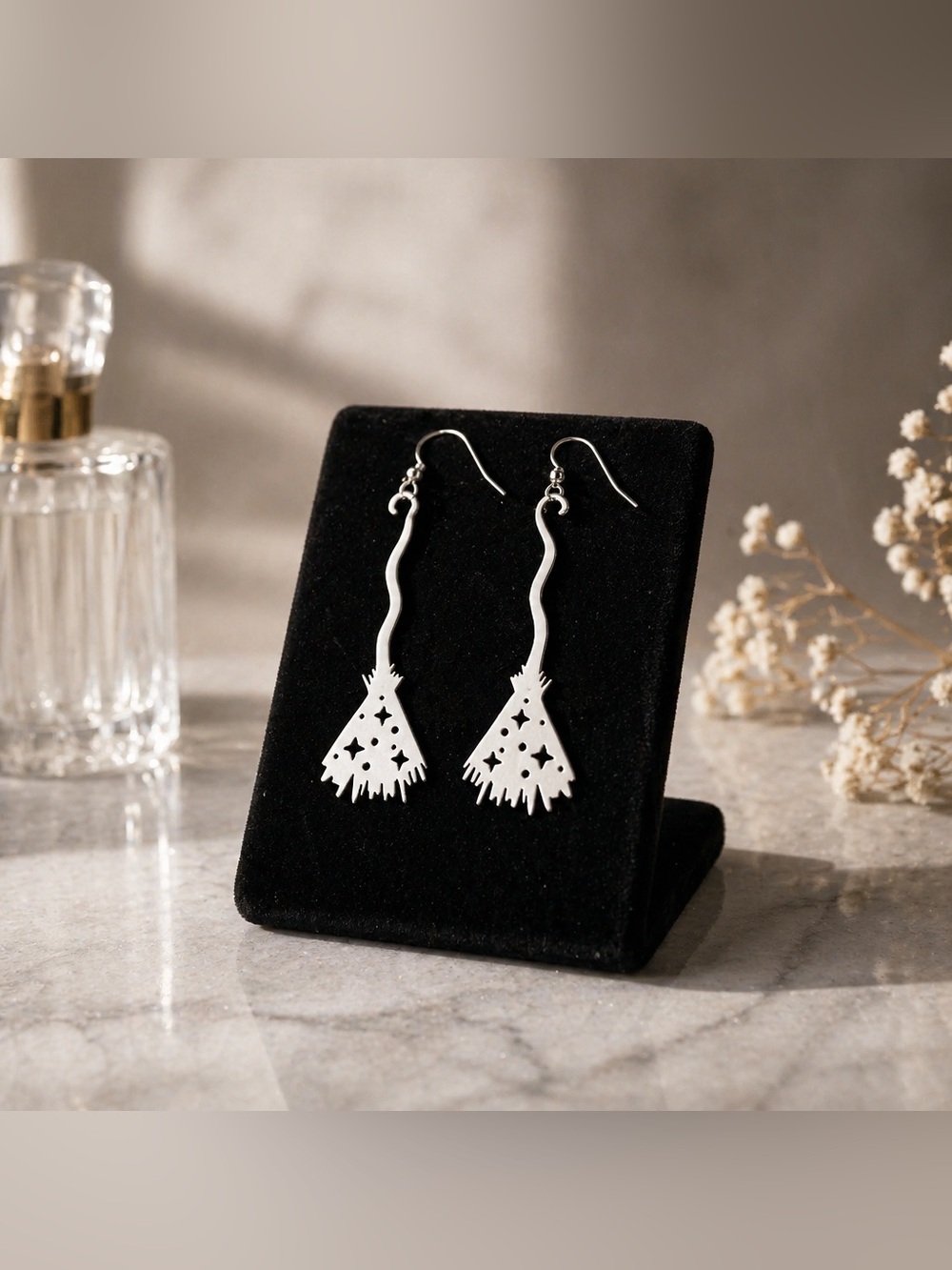 Silver Witch Broom Earrings - hypoallergenic hooks